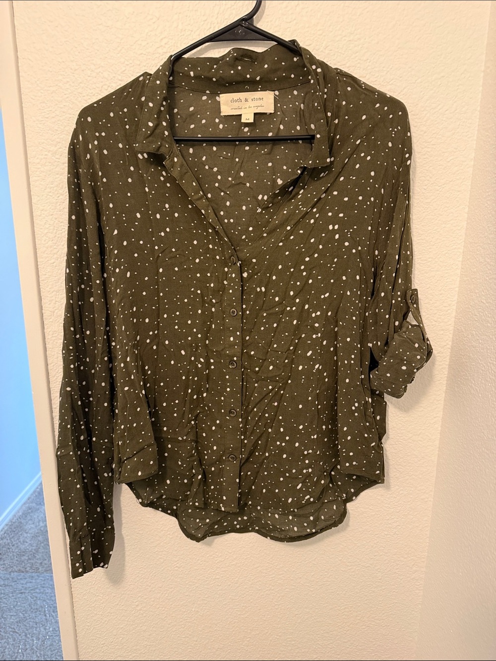 Cloth & Stone Olive Green Button-Front  Tissue Shirt with White Dot Print